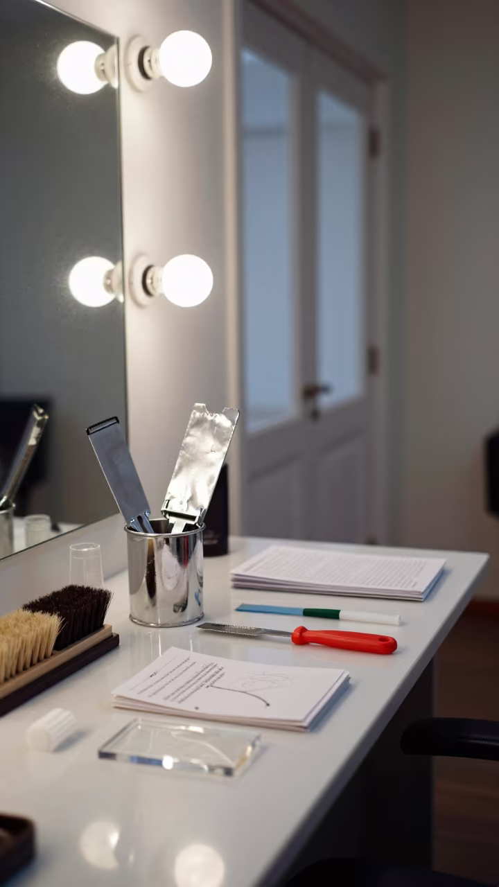 Barber Station Tools Before Dawn in Liège in at a barber station beneath mirror bulbs near Liège