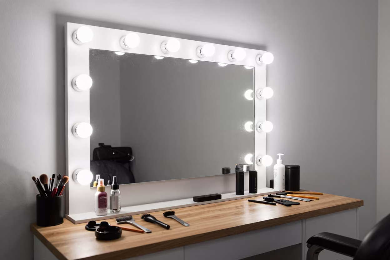 Barber Station Vanity Under Bright Task Light in Ibb in at a barber station beneath mirror bulbs in Ibb