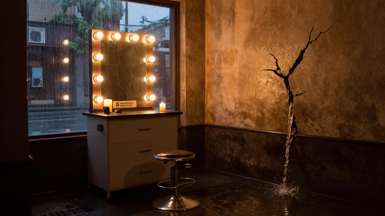 Barber Station Waterfall Sign Under Candlelight in at a barber station beneath mirror bulbs near Buenos Aires