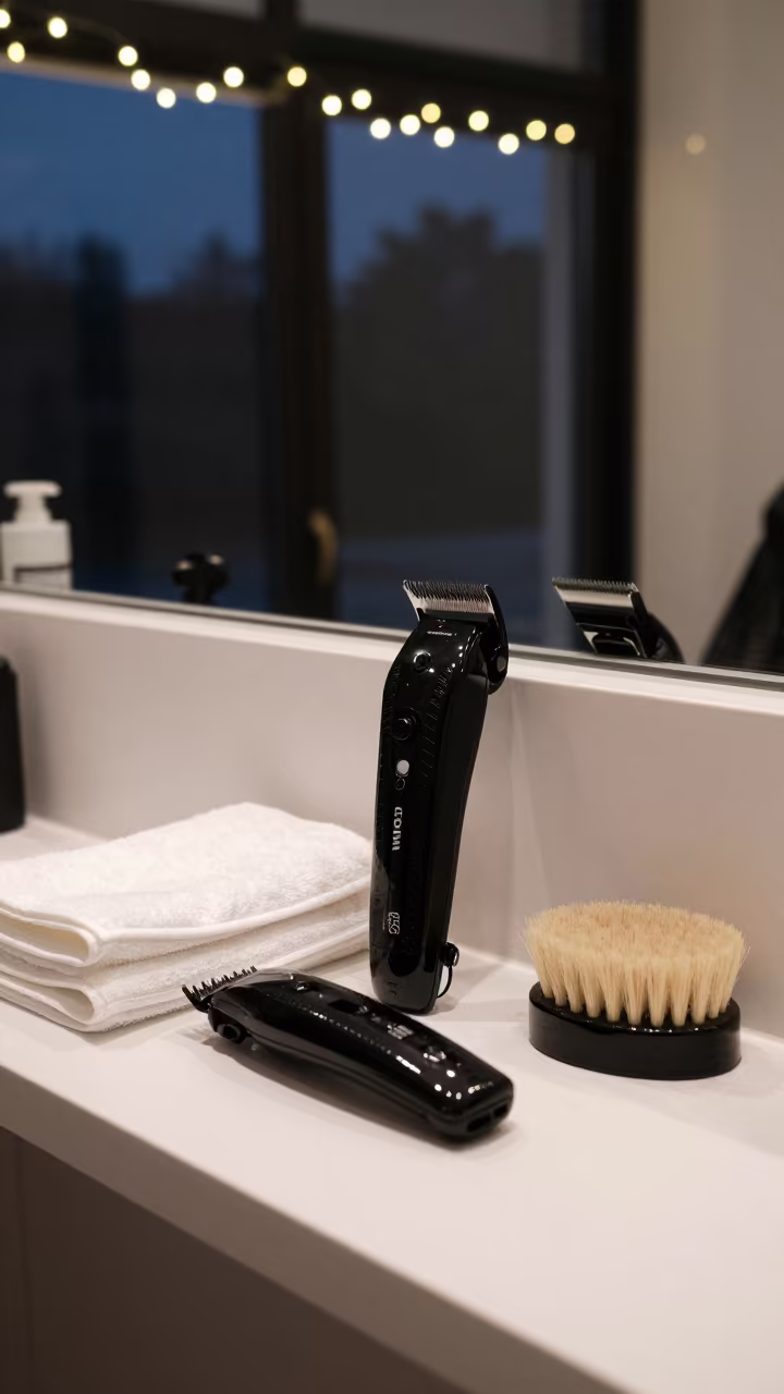 Barber Tools on Counter Under String Lights in at a salon reception counter near Minna