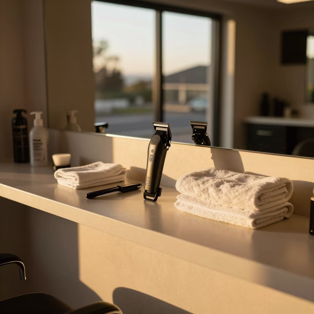 Barber Tools in Golden Winter Light at Salon in at a salon reception counter in Stellenbosch