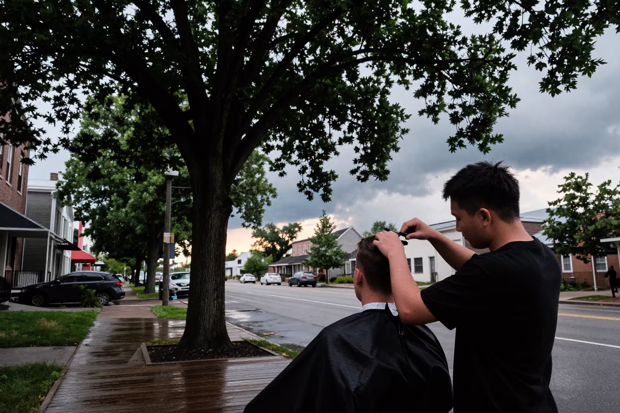 Barber Trimming Hair Under Tree After Rain in near Ottawa