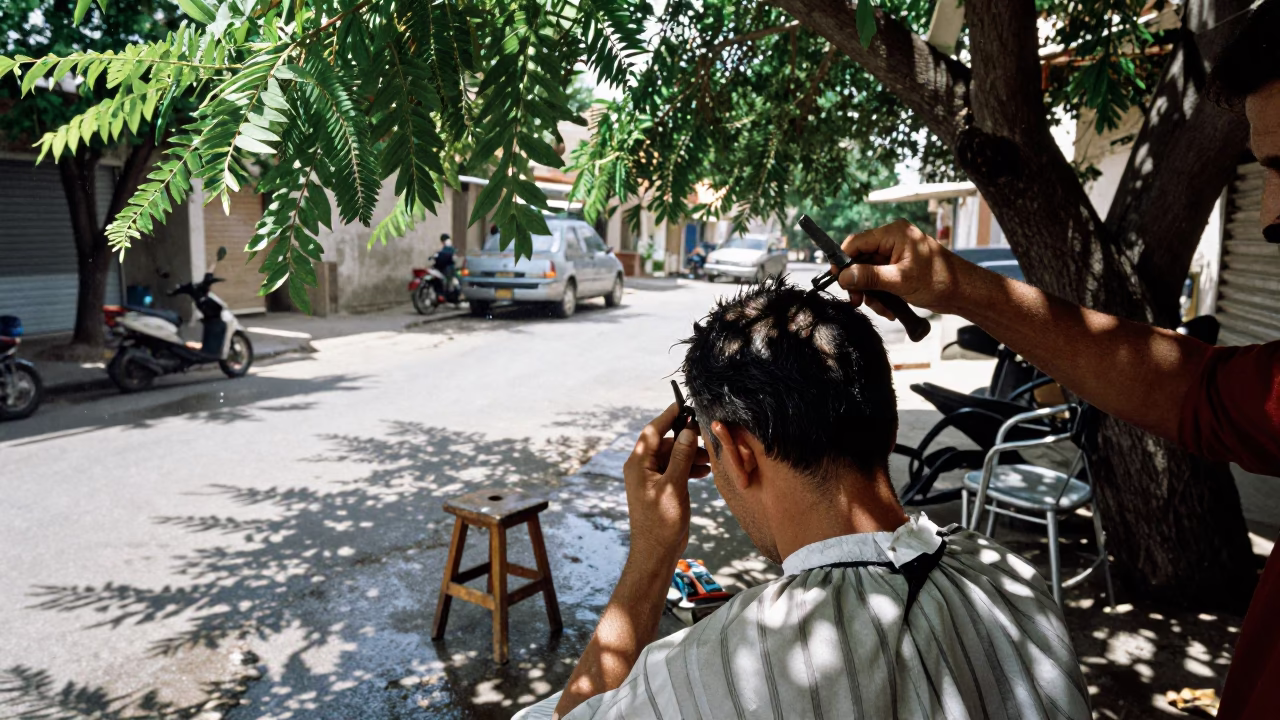 Barber Trimming Hair Under Tree Near Safi in near Safi
