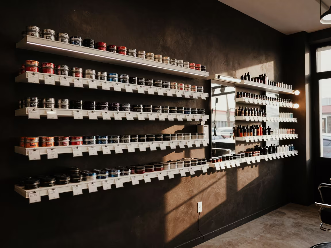 Barber Wall Pomade Tins Under LED Light Prizren in at a barber station beneath mirror bulbs near Prizren