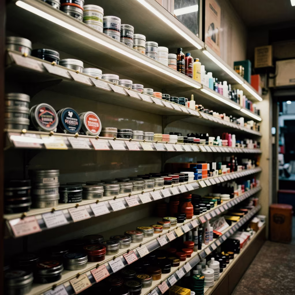 Barber Wall Pomade Tins Under White LEDs in in a beauty supply area under white LEDs in Surat