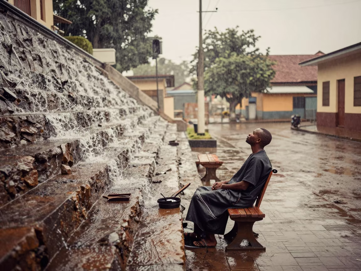 Barber Watching Uphill Water in Malanje in near a riverside landing in Malanje