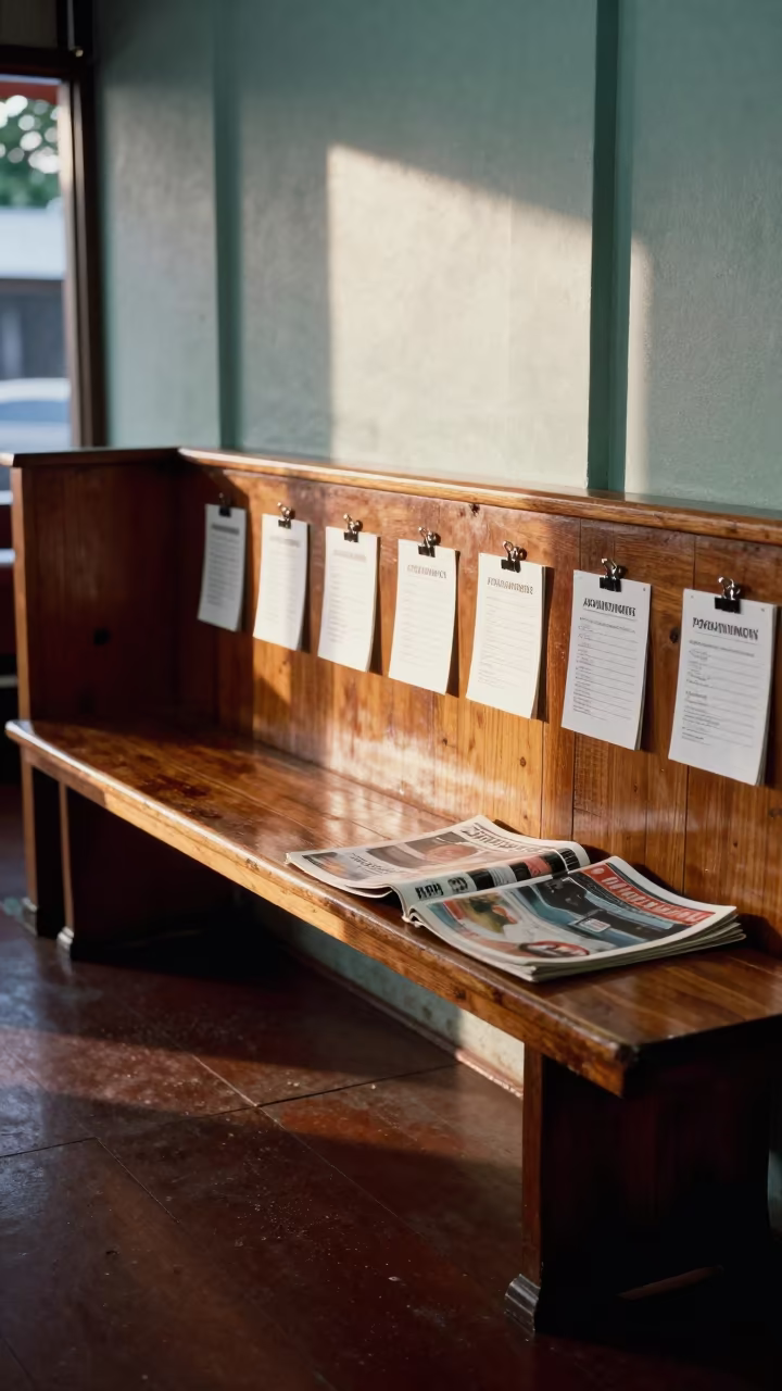Barbershop Bench With Cards In Dawn Light Port Moresby in at a salon reception counter in Port Moresby