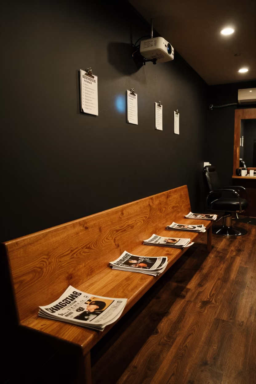 Barbershop Bench With Clipped Cards in Night Glow in inside a salon row near Seiyun