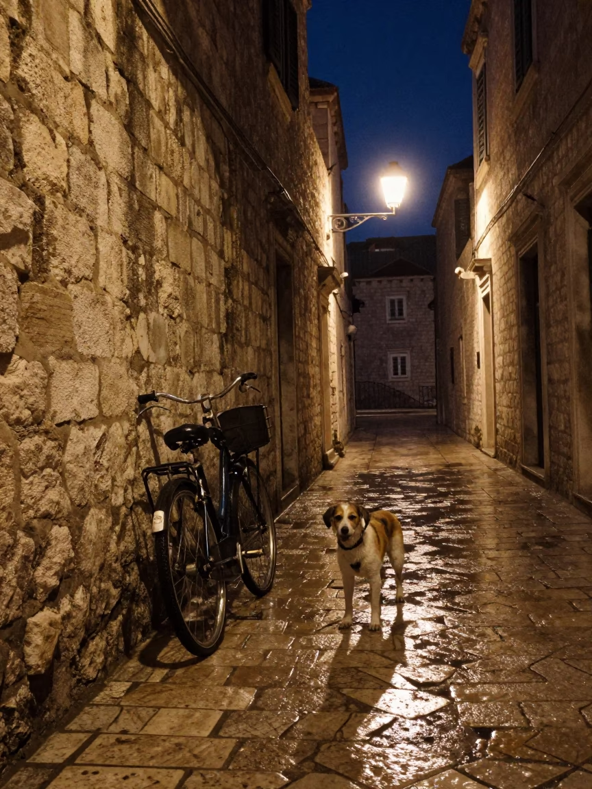 Barbet Dog in Dubrovnik at Midnight Light in in Dubrovnik, Croatia