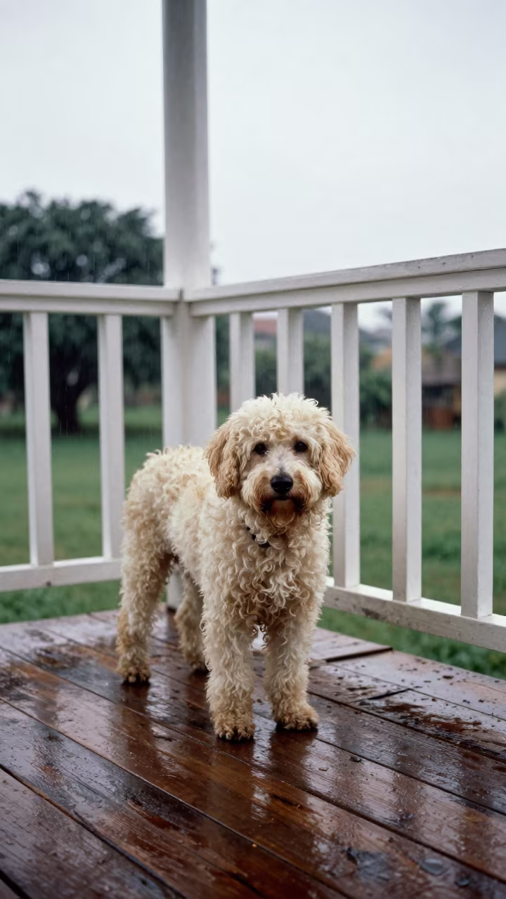 Barbet Dog on Shaded Sanaa Porch in Wet Season in on a shaded front porch with boards, railings, and eye-level framing in Sanaa