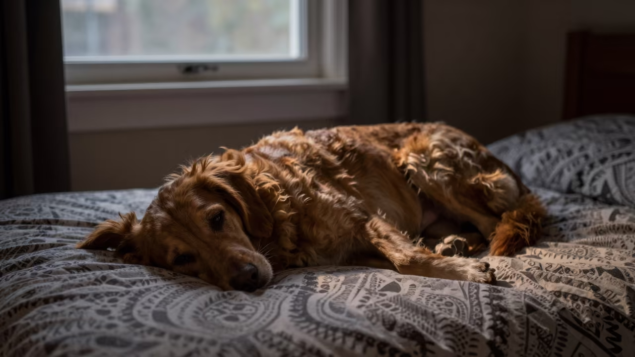 Barbet Dog Resting on Bedspread Near Window in on a bedspread near a bright window with calm indoor light in Tyre