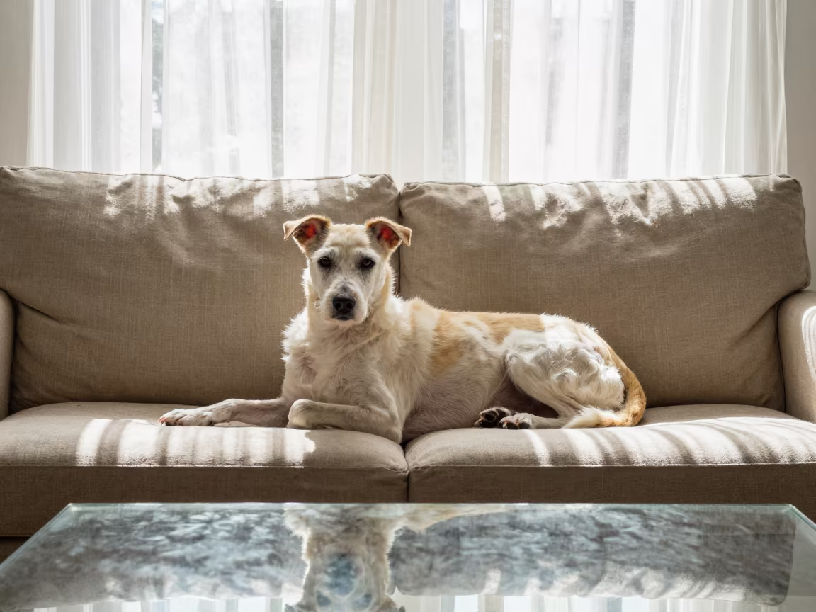 Barbet Dog Resting on Linen Sofa in Austin Light in on a linen sofa with daylight from a nearby window in South Congress, Austin