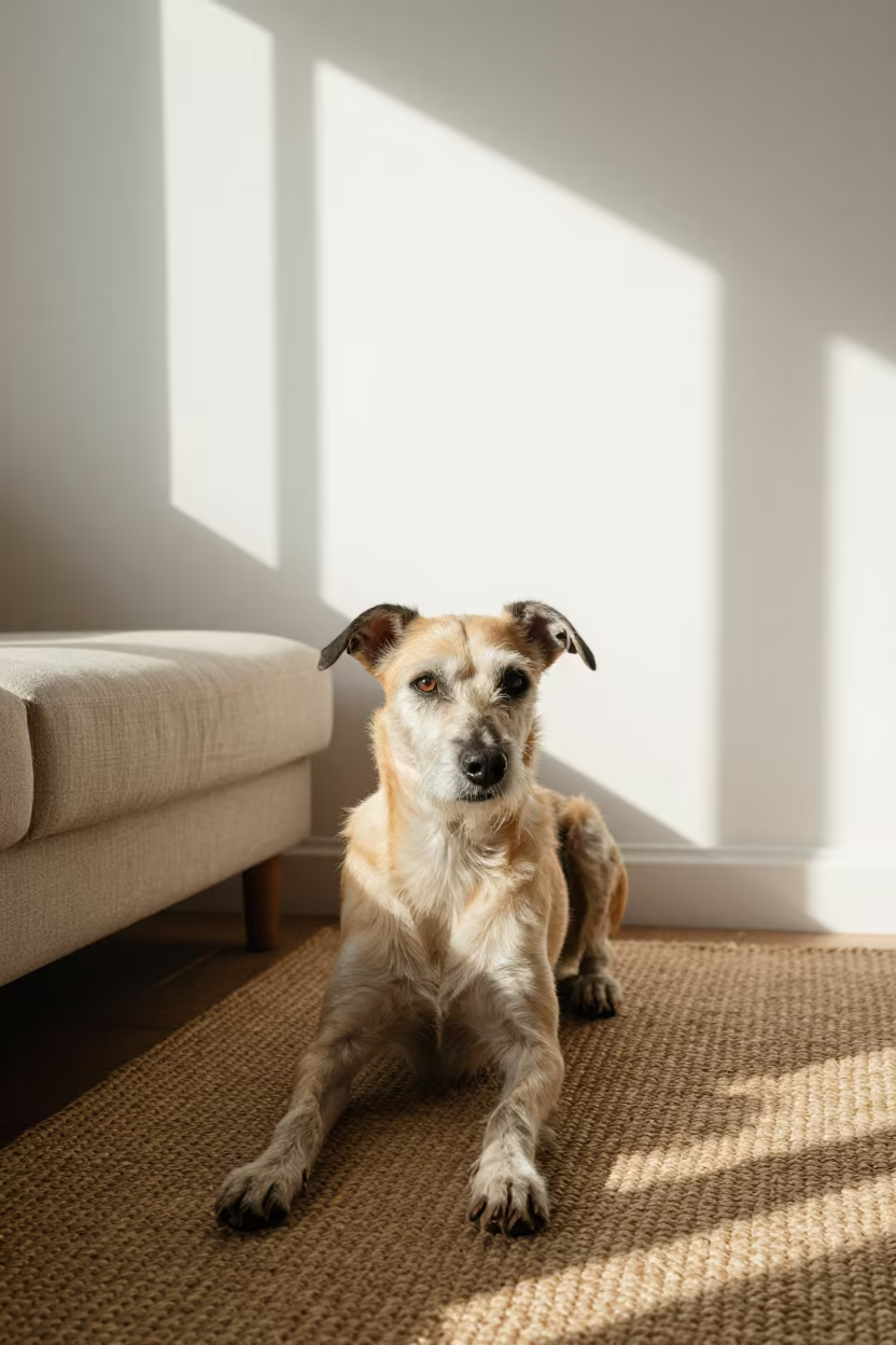 Barbet Dog Resting on Woven Rug in Oral Home in on a woven rug beside a low couch and an uncluttered wall in Oral