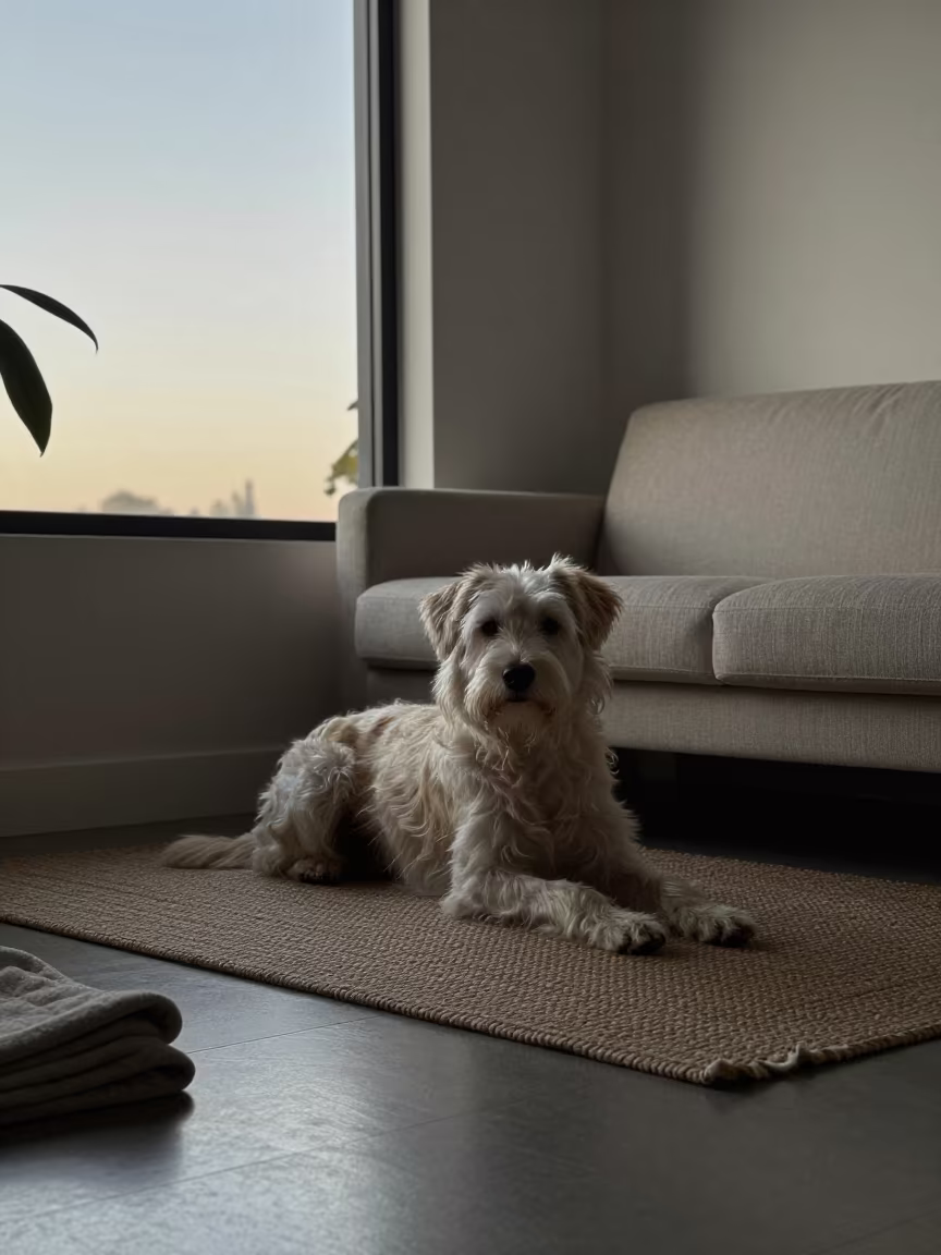 Barbet Dog Resting on Woven Rug Near Couch in on a woven rug beside a low couch and an uncluttered wall near Canberra
