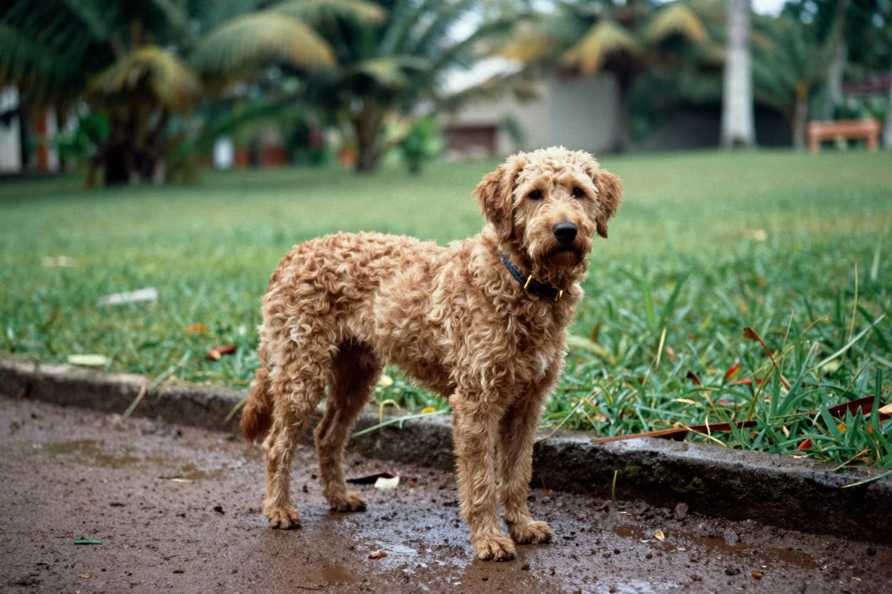 Barbet Dog Standing in Maceio Garden After Rain in near a garden edge with soft morning light and an uncluttered background in Maceio