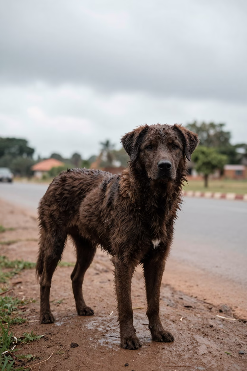 Barbet Dog Standing on Ikeja Park Path in along a quiet park path with soft open shade and a clean background near Ikeja
