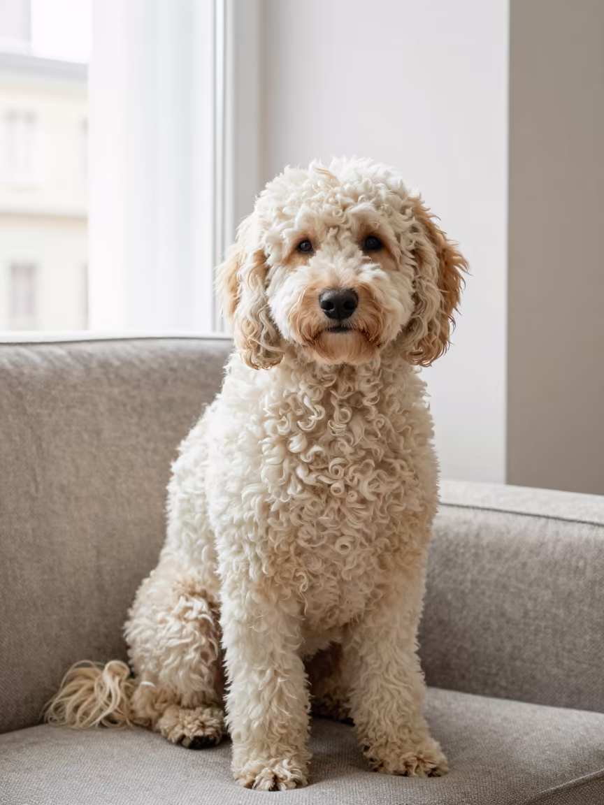 Barbet Portrait on Sofa Near Window in Olomouc in on a sofa near a curtained window with calm indoor light in Olomouc