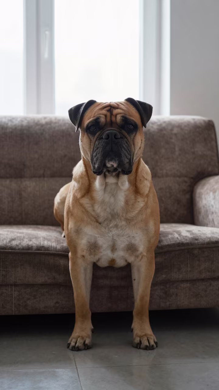 Barbet Portrait with Wavy Coat on Sofa in on a sofa near a curtained window with calm indoor light in Semey