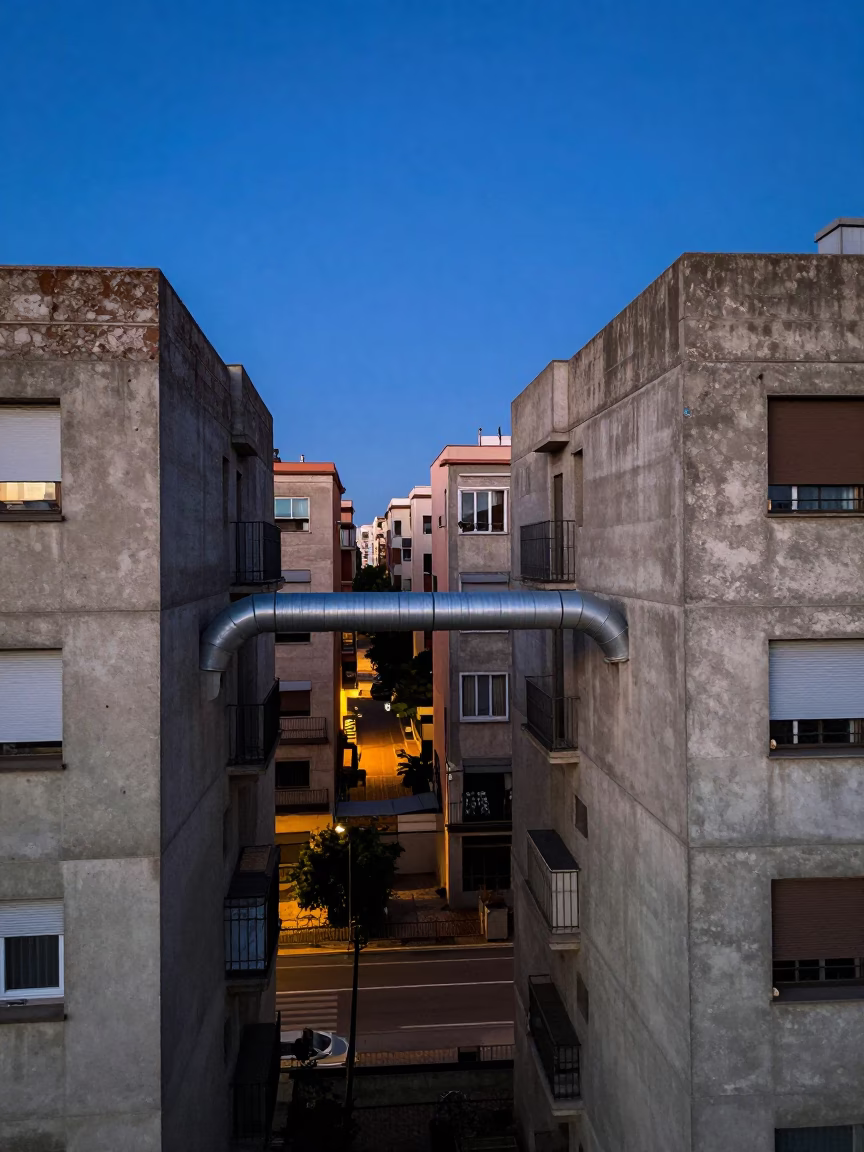 Barcelona Blue Hour District Heating Pipe Crossing Concrete Apartment Blocks in in Barcelona, Spain