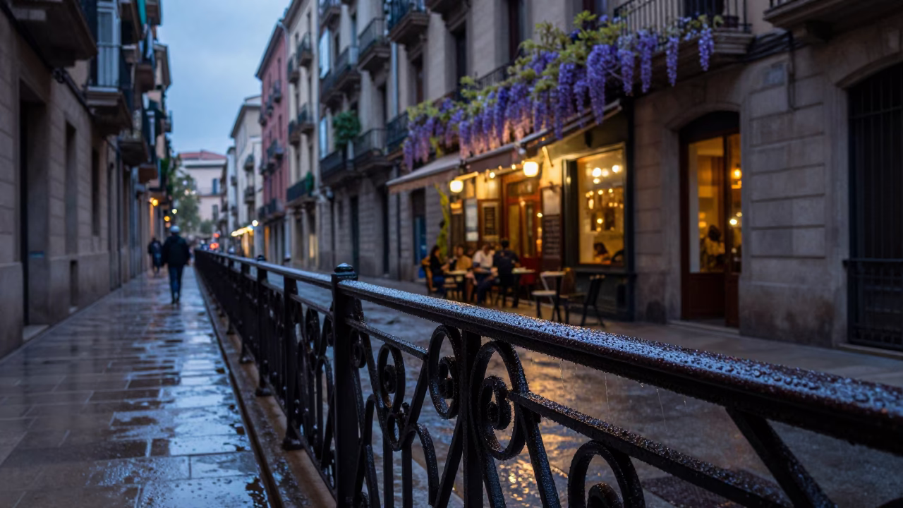 Barcelona Blue Hour Street Scene with Condensation on Rail and Wisteria Tunnel Bloom in in Barcelona, Spain