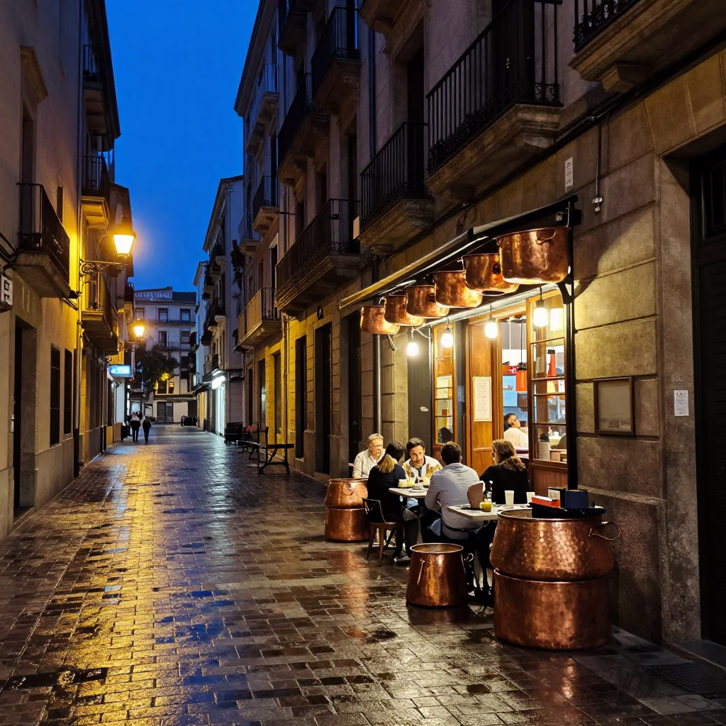 Barcelona Blue Hour Street Scene with Copper Pots and Local Dining in in Barcelona, Spain
