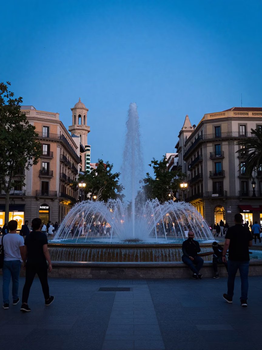 Barcelona Blue Hour Street Scene with Fountain Spray and Local Life in in Barcelona, Spain
