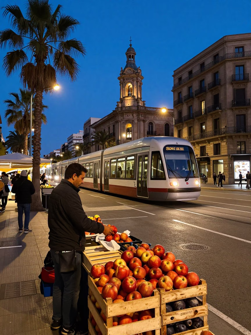 Barcelona Blue Hour Street Scene with Monorail and Local Market Vendors in in Barcelona, Spain