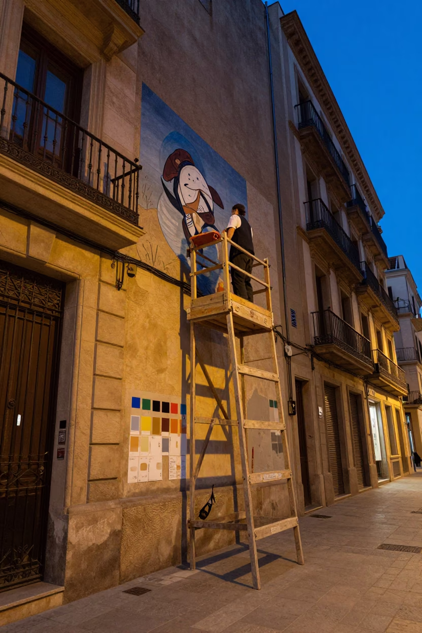 Barcelona Blue Hour Street Scene with Muralist Paint Samples and Urban Architecture in in Barcelona, Spain