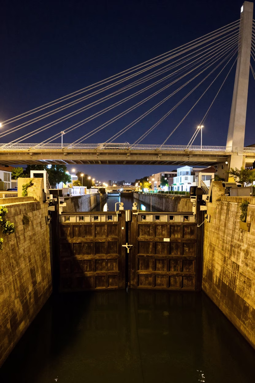 Barcelona Canal Lock Under Bridge at Night in under a cable-stayed bridge span in Eixample, Barcelona