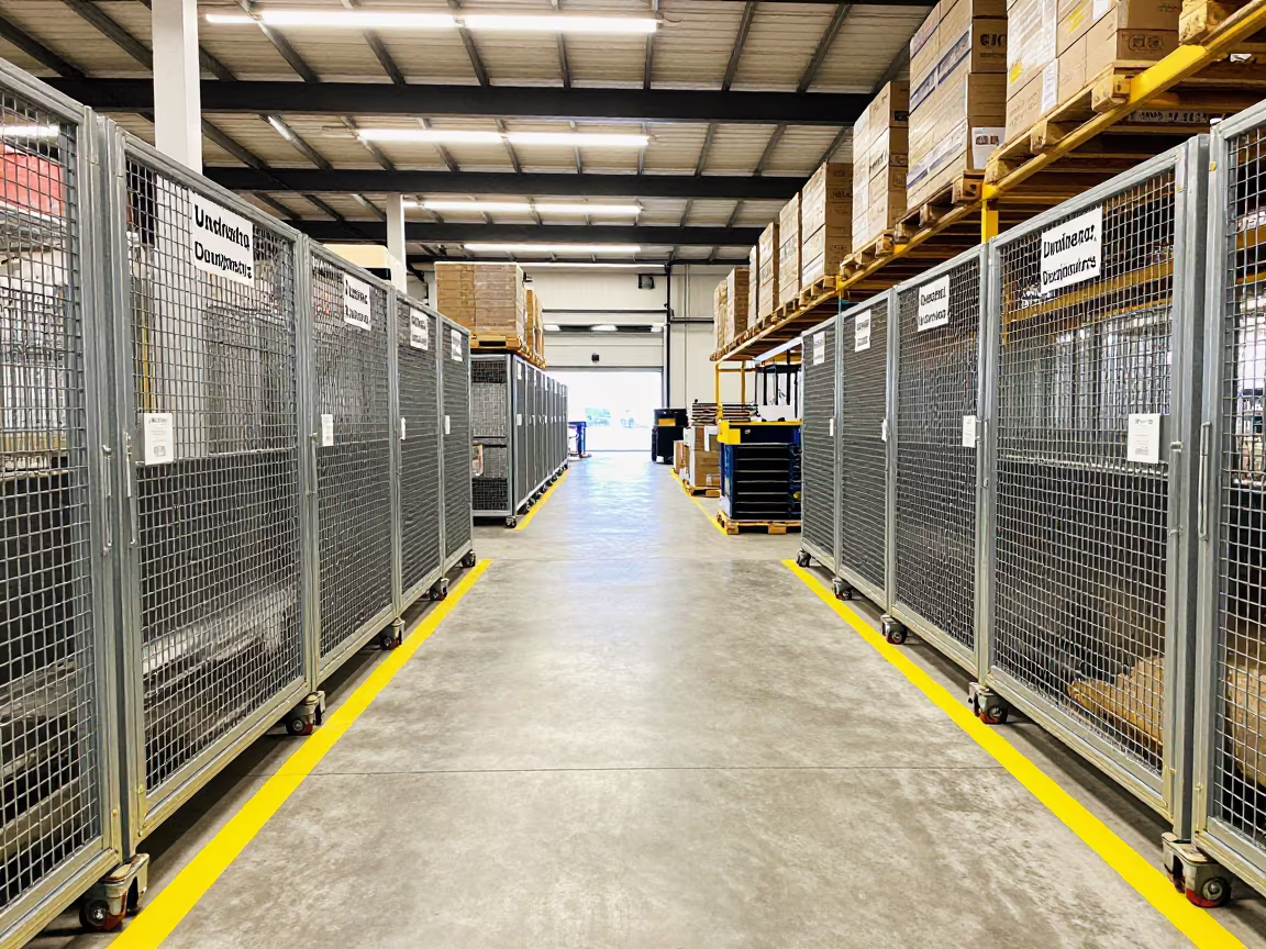 Barcelona Chilled Bay Rolling Cages Noon Light in inside a chilled distribution bay in Barcelona