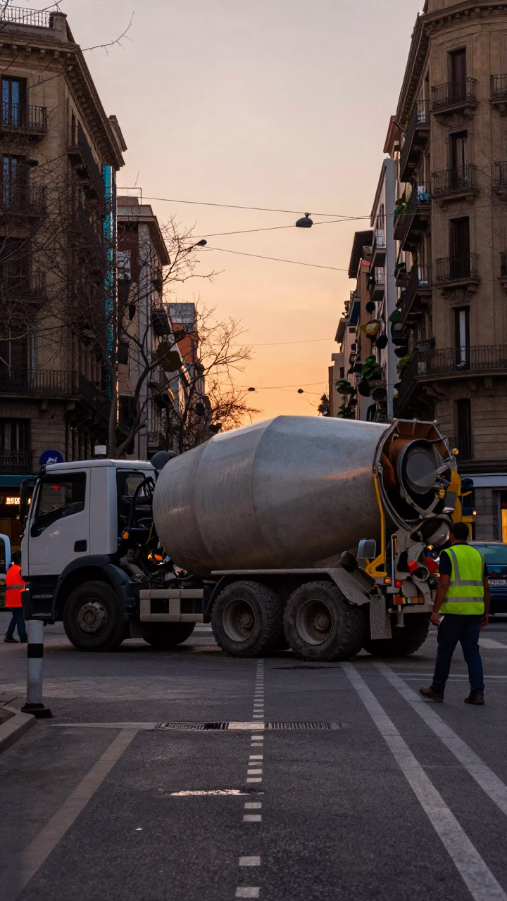 Barcelona Dawn Street Scene with Cement Mixer and Construction Site Activity in in Barcelona, Spain