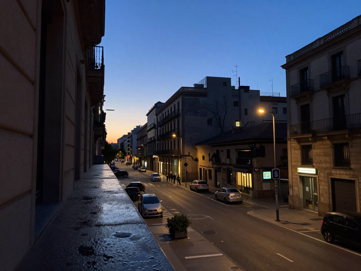 Barcelona Dawn Street Scene with Condensation on Window Sill and Ceramic Cup in in Barcelona, Spain
