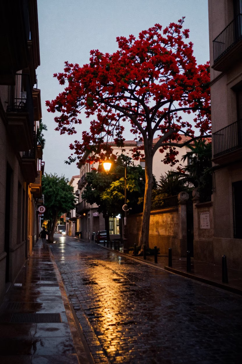 Barcelona Dawn Street Scene with Flame Tree and Brushed Steel Runner in in Barcelona, Spain