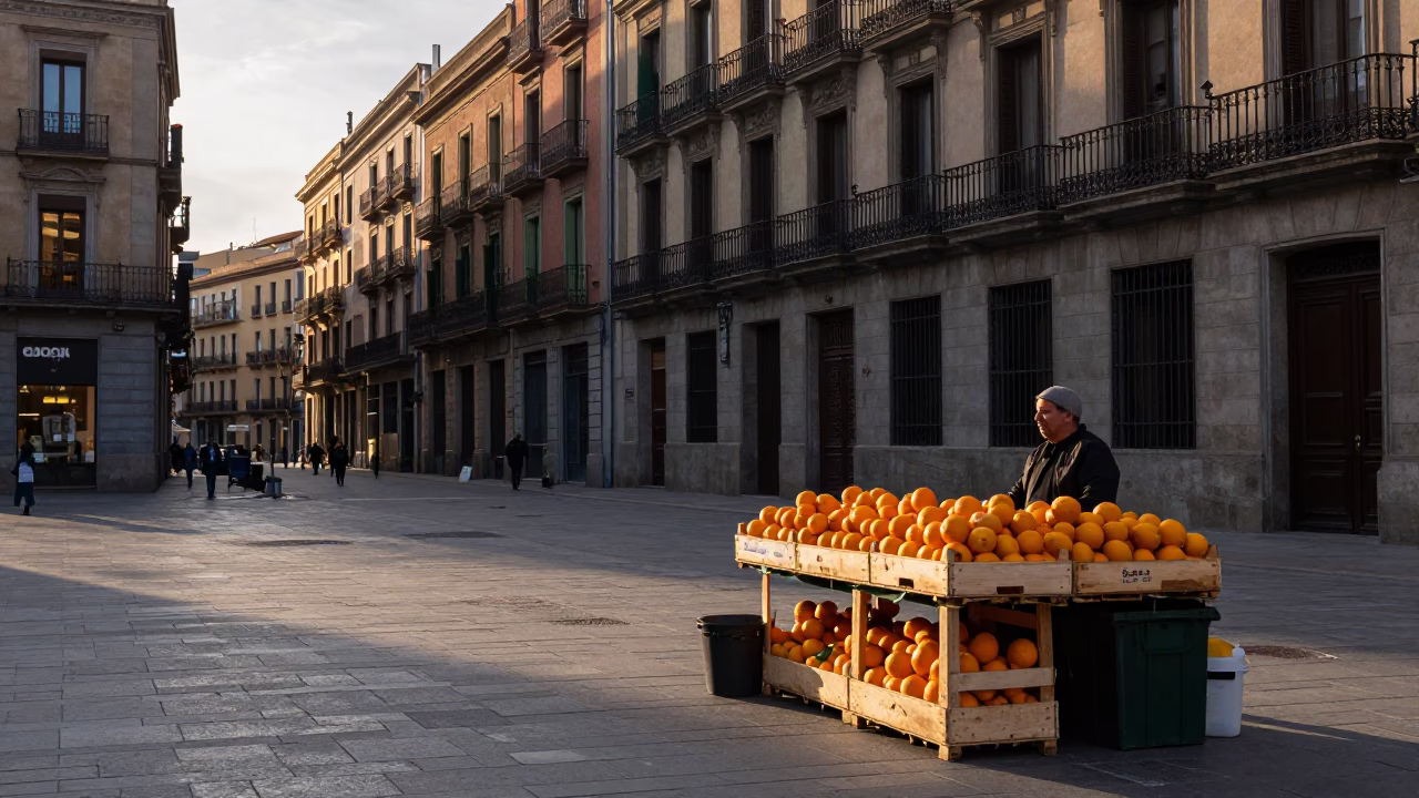 Barcelona Dawn Street Scene with Oranges and Market Stall at First Light in in Barcelona, Spain