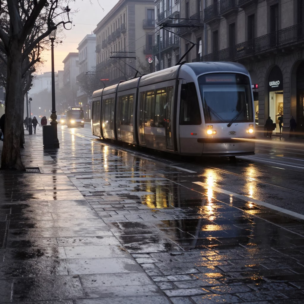 Barcelona Dawn Street Scene with Tram Reflections and Cobblestones at First Light in in Barcelona, Spain