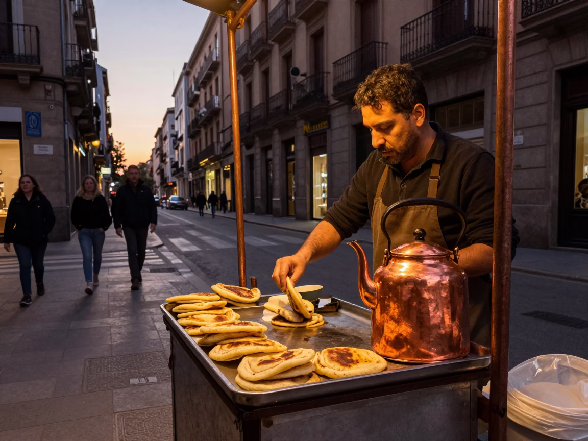 Barcelona Dusk Street Scene with Arepas and Traditional Kettle in Copper Light in in Barcelona, Spain