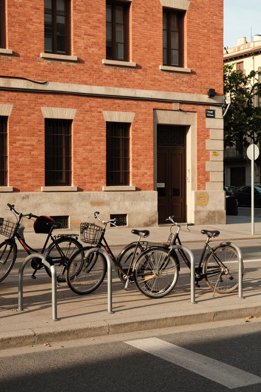Barcelona Early Afternoon Street Scene with Bicycle Rack and Urban Details in in Barcelona, Spain