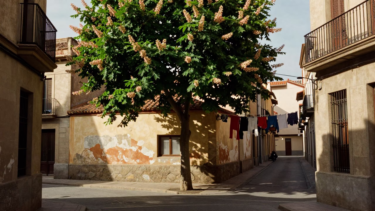 Barcelona Early Afternoon Street Scene with Clothesline Chestnut Tree and Local Details in in Barcelona, Spain
