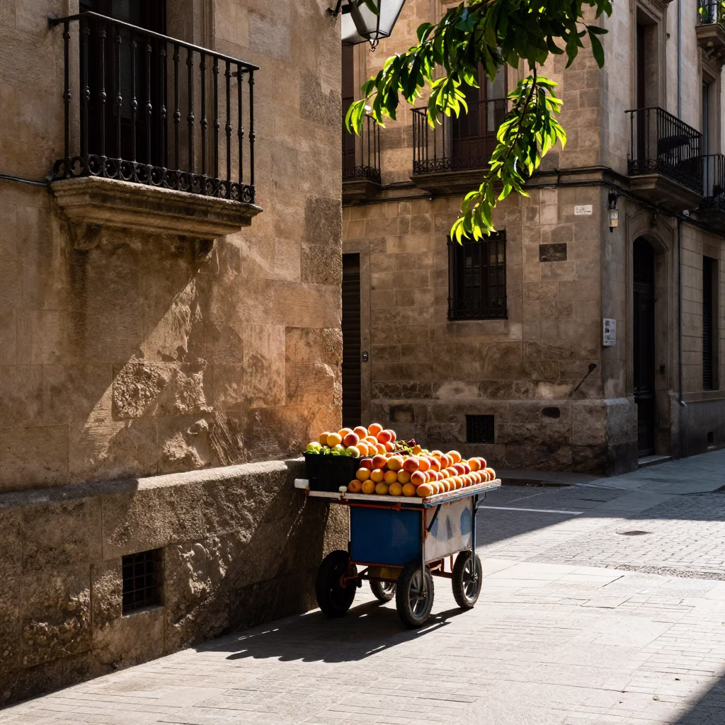 Barcelona early afternoon street scene with peaches and faceted glass light in in Barcelona, Spain