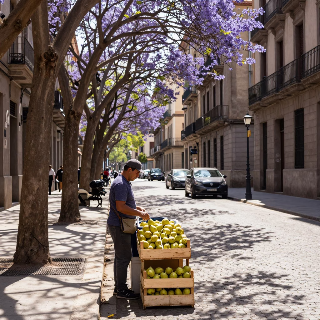 Barcelona Early Afternoon Street Scene with Pears and Urban Architecture in in Barcelona, Spain