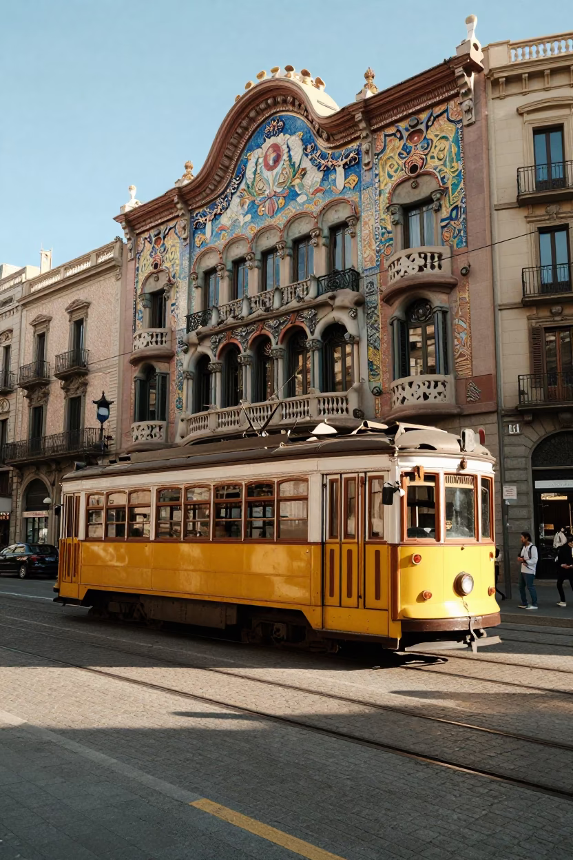 Barcelona Early Afternoon Tram Passing Art Nouveau Facades Near Sagrada Familia in in Barcelona, Spain