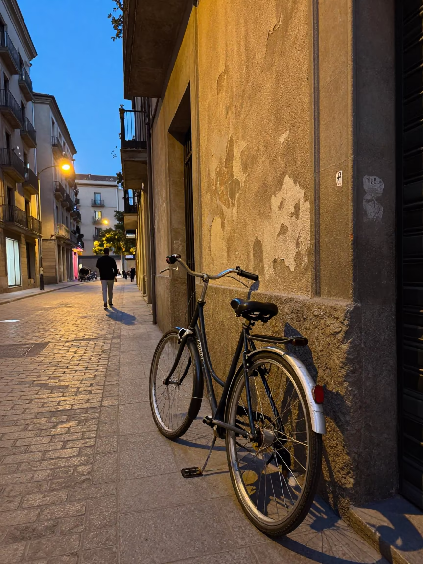 Barcelona Early Evening Street Scene with Vintage Bicycle and Hydrangea Bush in in Barcelona, Spain