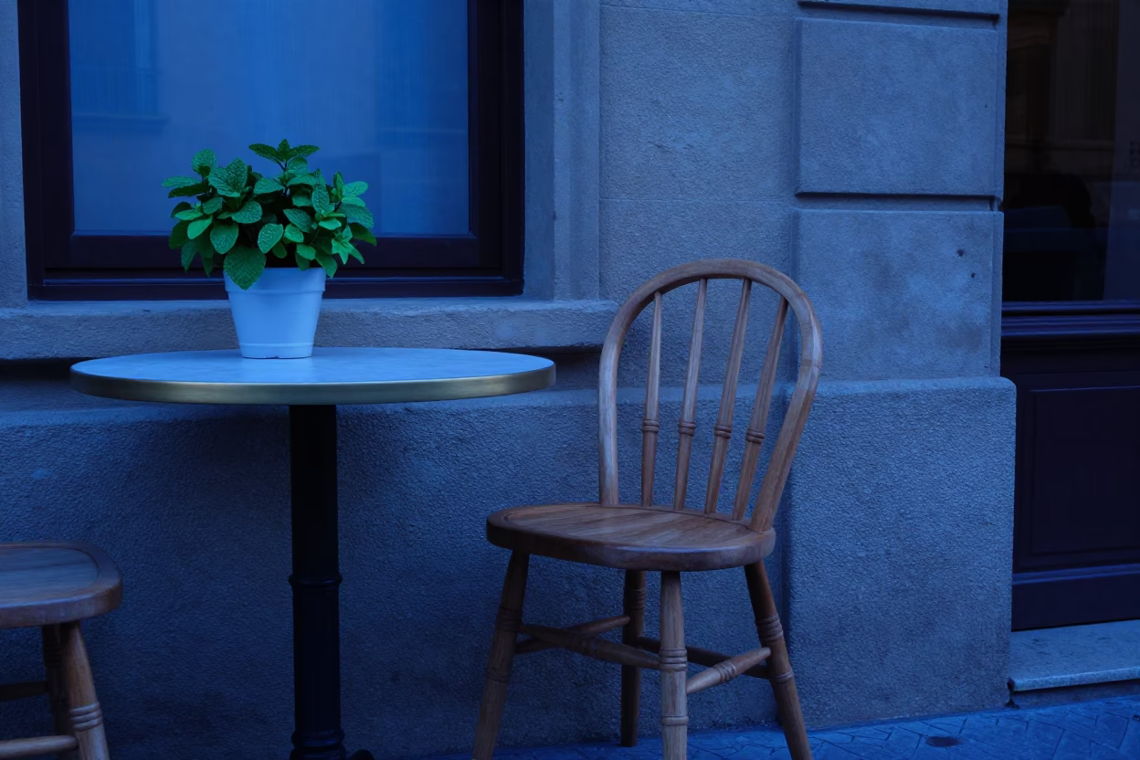 Barcelona Evening Blue Hour Spindle Chair and Mint Leaves Outside Cafe in in Barcelona, Spain
