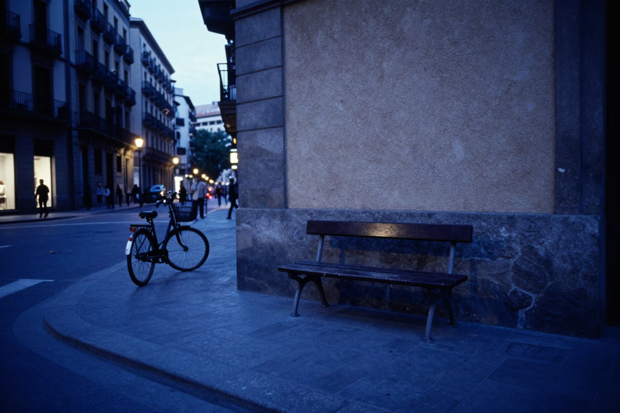 Barcelona Evening Blue Hour Street Scene with Bicycle and Park Bench in in Barcelona, Spain