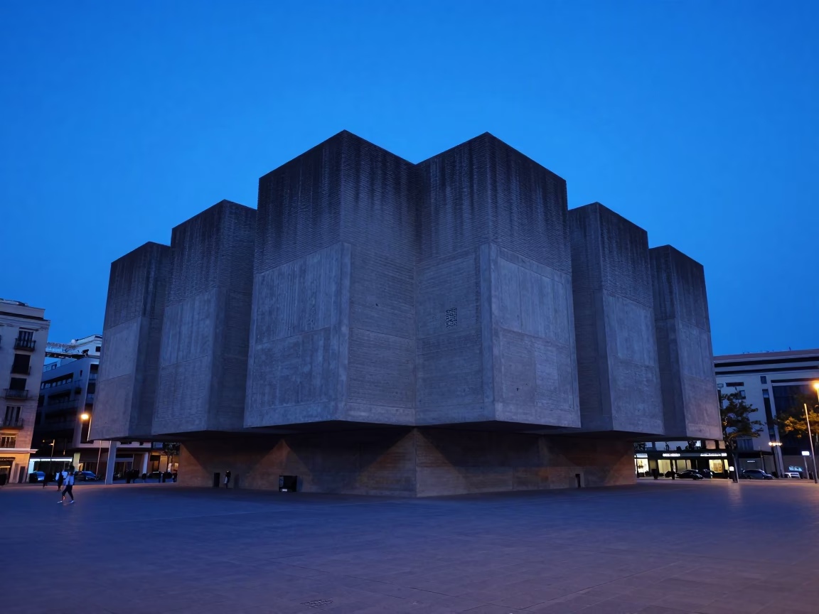Barcelona Evening Blue Hour Street Scene with Concrete Brutalist Architecture in in Barcelona, Spain