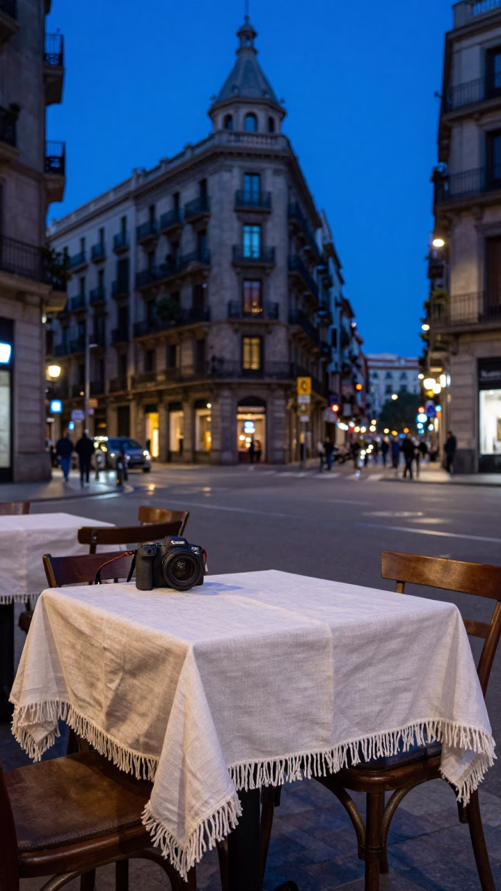 Barcelona Evening Blue Hour Street Scene with Linen Fringe and Fig Tree in in Barcelona, Spain
