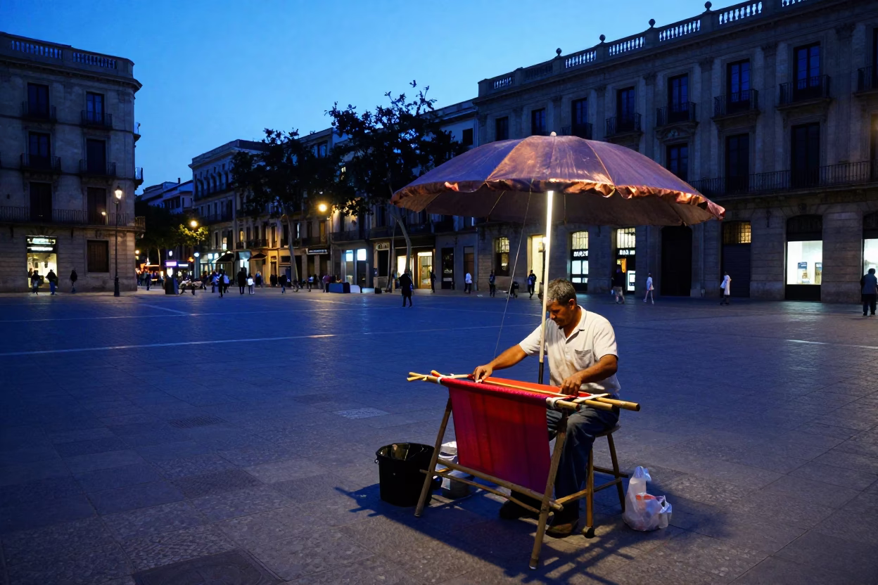 Barcelona Evening Blue Hour Street Scene with Parasol Maker and Copper Beech Tree in in Barcelona, Spain