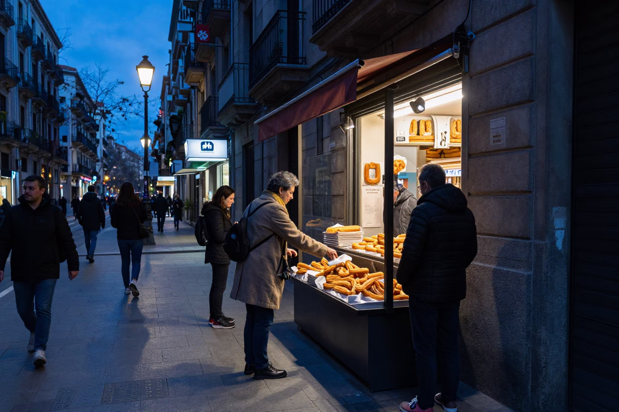 Barcelona Evening Blue Hour Street Scene with Traditional Churros and Chocolate in in Barcelona, Spain
