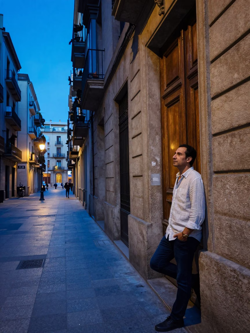 Barcelona Evening Blue Hour Street Scene with Vintage Details in in Barcelona, Spain