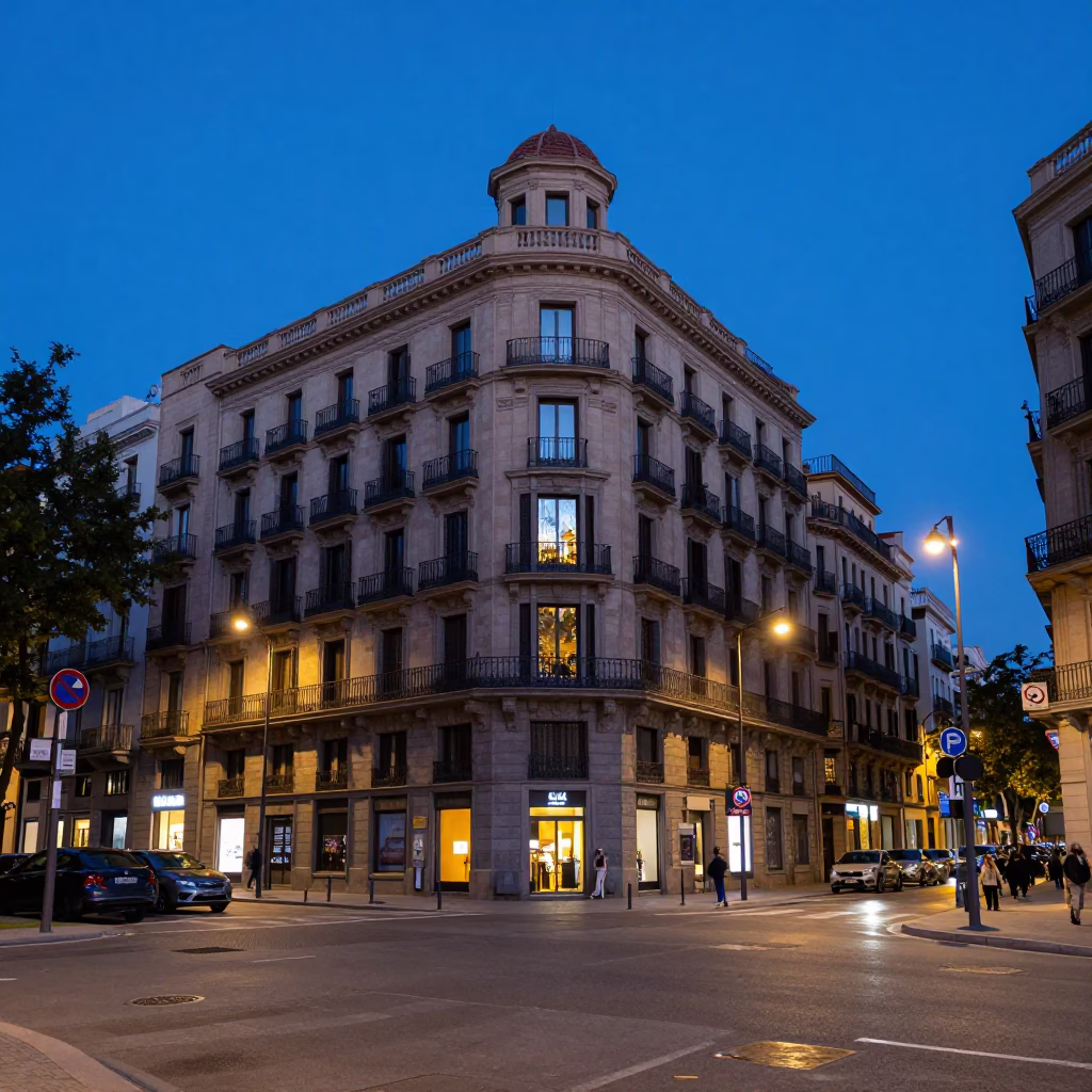 Barcelona Evening Blue Hour Street Scene with Window Reflections and Urban Details in in Barcelona, Spain